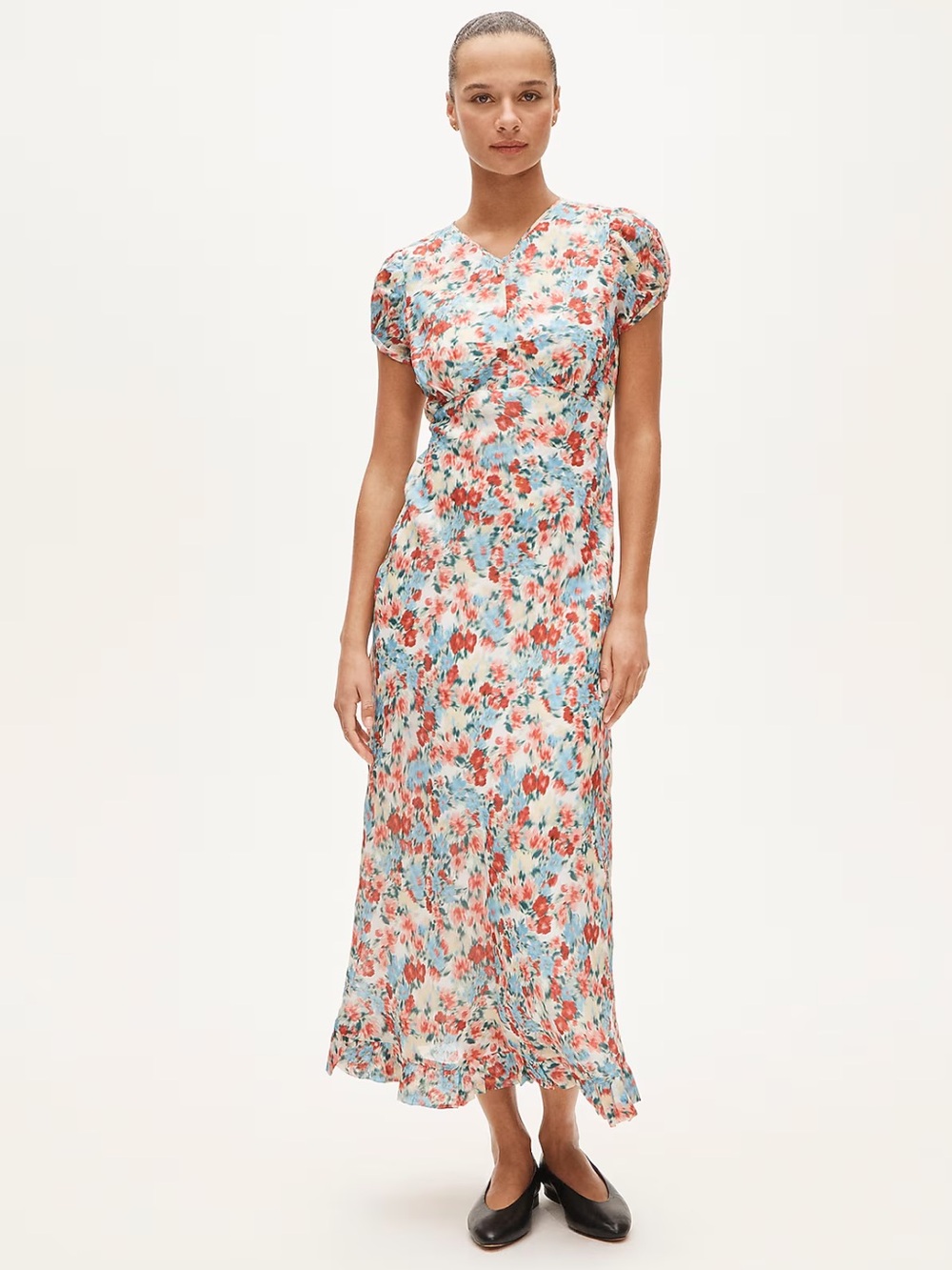 J.Crew Tall V-neck ruffle-hem midi dress in poppy print Blue & Red